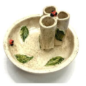 Handmade‎ Ikebana Speckled Glaze Pottery Vase Lady Bugs Leaves Unsigned